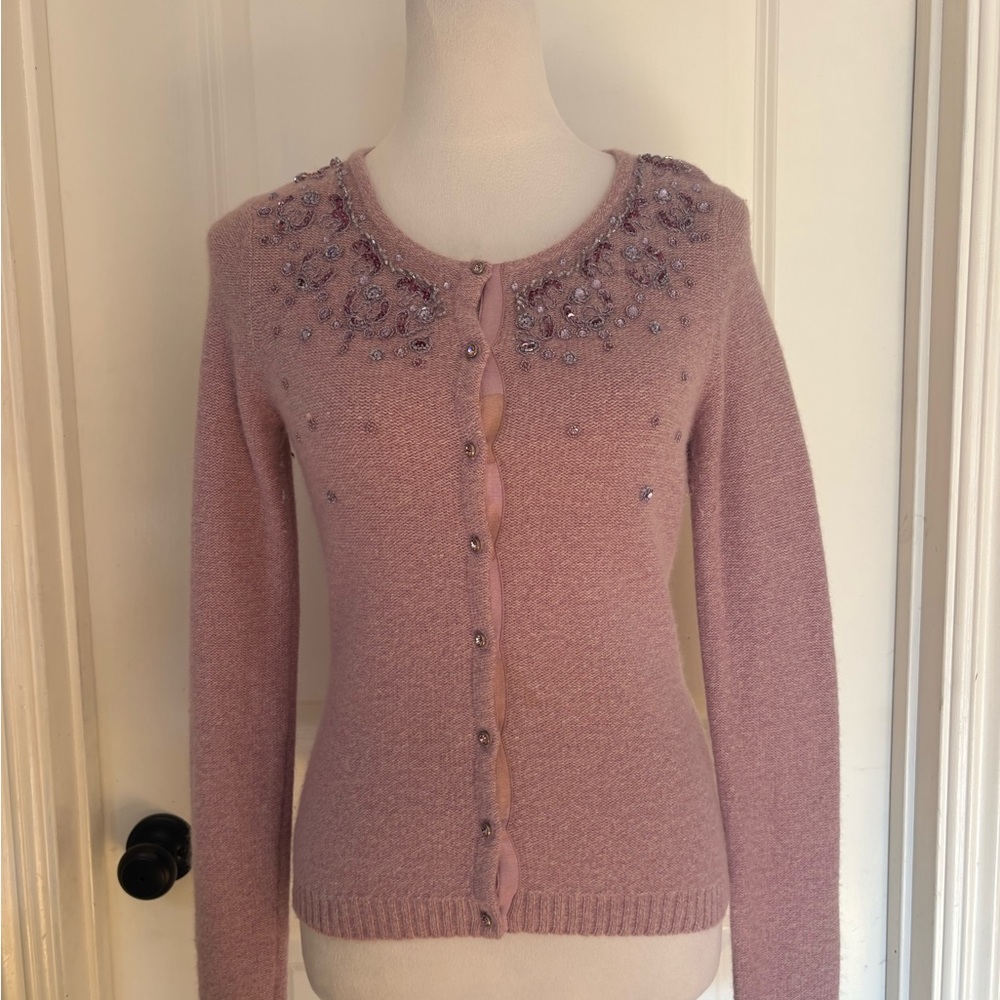70% Lambswool 20% Angora Beaded Pink Cardigan Sweater — Soft, Premium Knit (S)